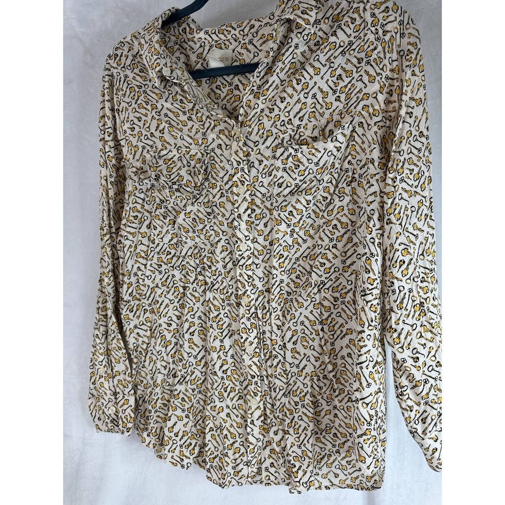 Chico's 2 Lar12 Button Up Blouse Shirt Yellow White Black Keys Long Sleeve